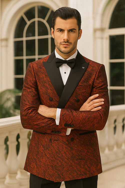 Red Double Breasted Rough Streak Pattern Satin Peak Lapel Stacy Adams Men's Jacket