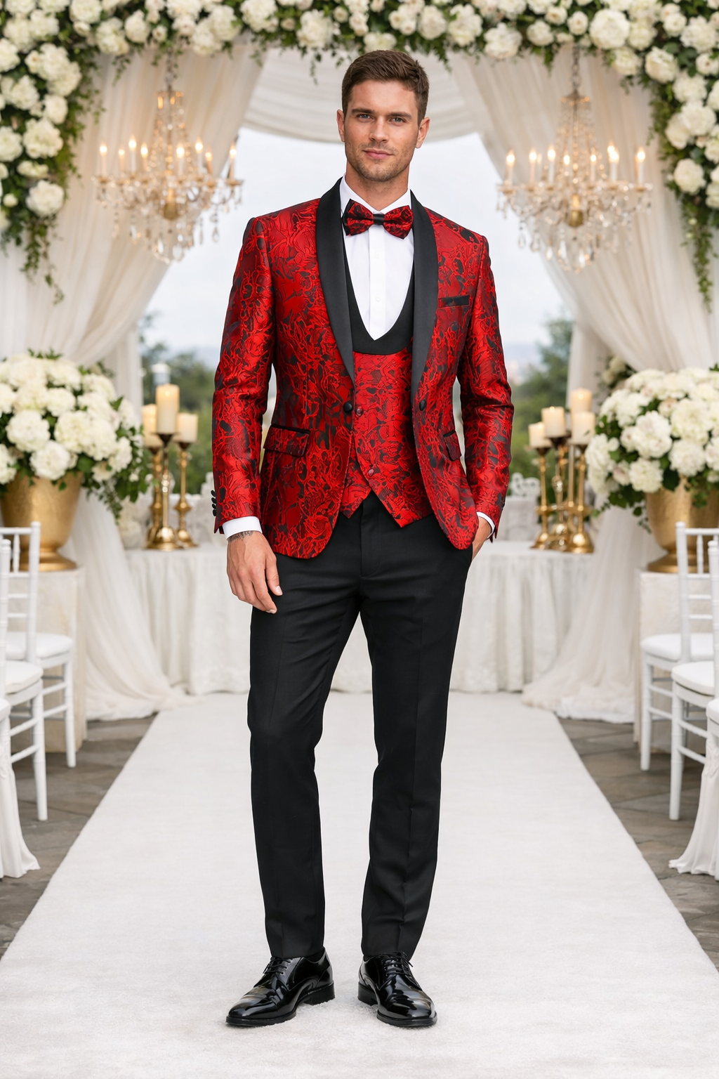 Red Floral Pattern Tuxedo 4-Piece Set – Wedding & Prom