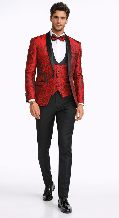 Red Floral Pattern Tuxedo 4-Piece Set – Wedding & Prom