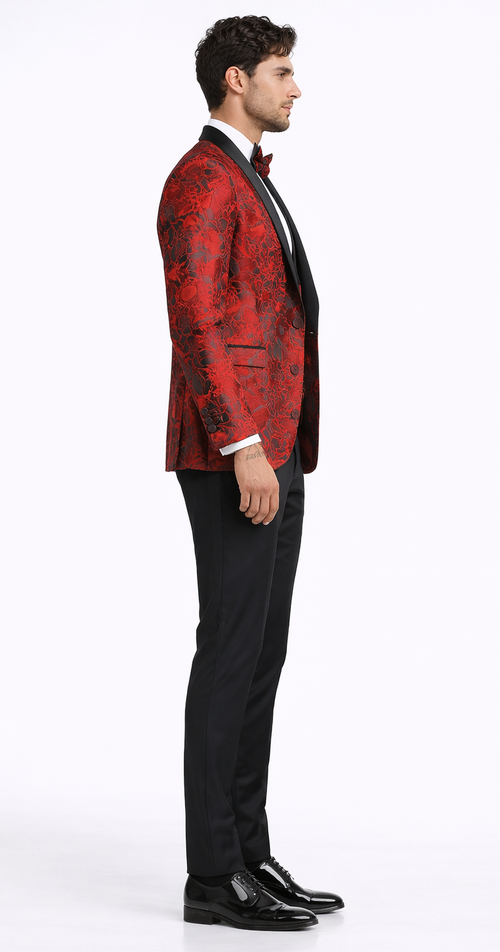 Red Floral Pattern Tuxedo 4-Piece Set – Wedding & Prom