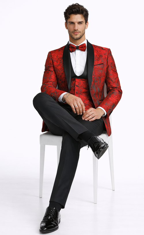 Red Floral Pattern Tuxedo 4-Piece Set – Wedding & Prom