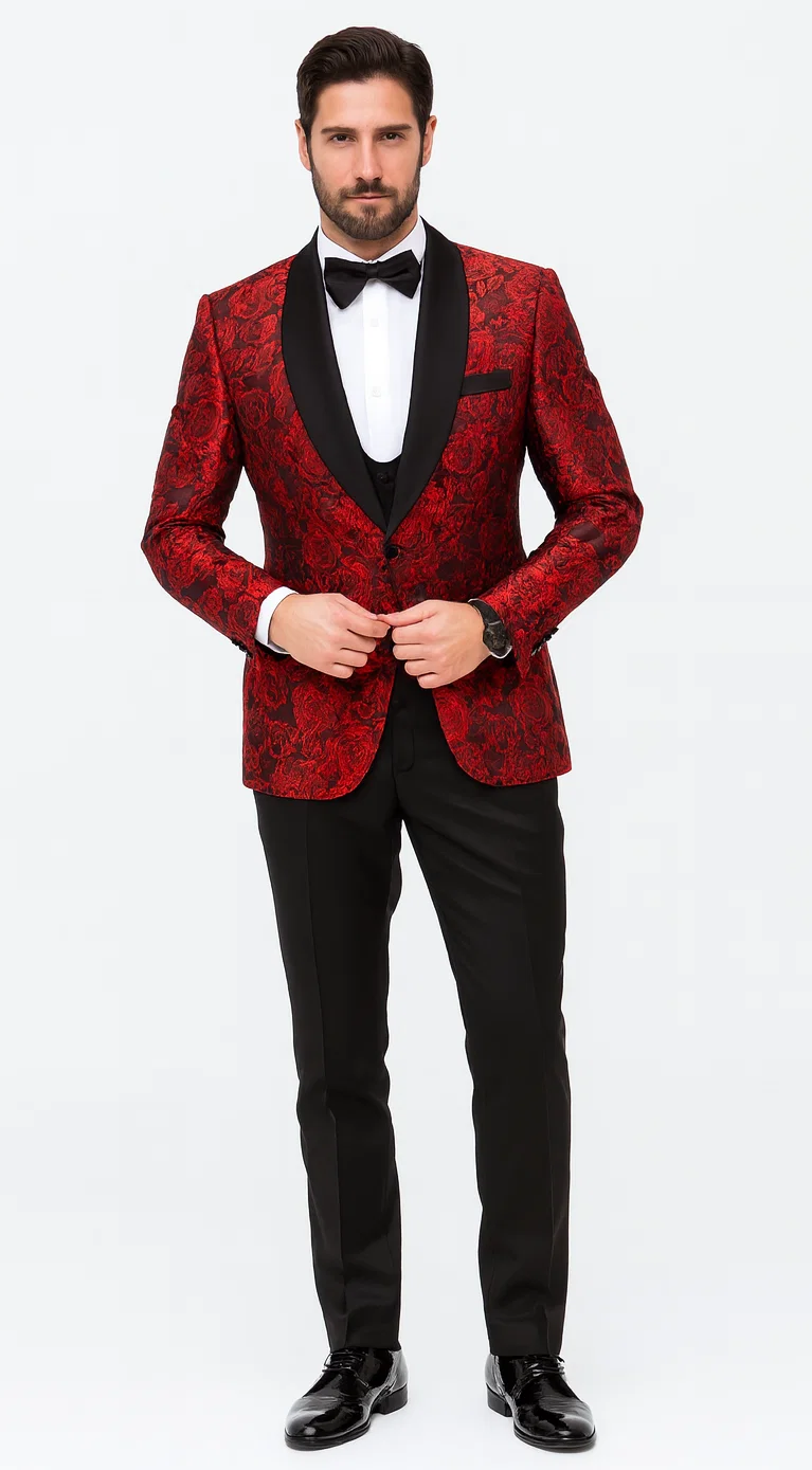 Red Floral Tuxedo with Shawl Lapel – 4 Piece Slim Fit Set – SuitUSA