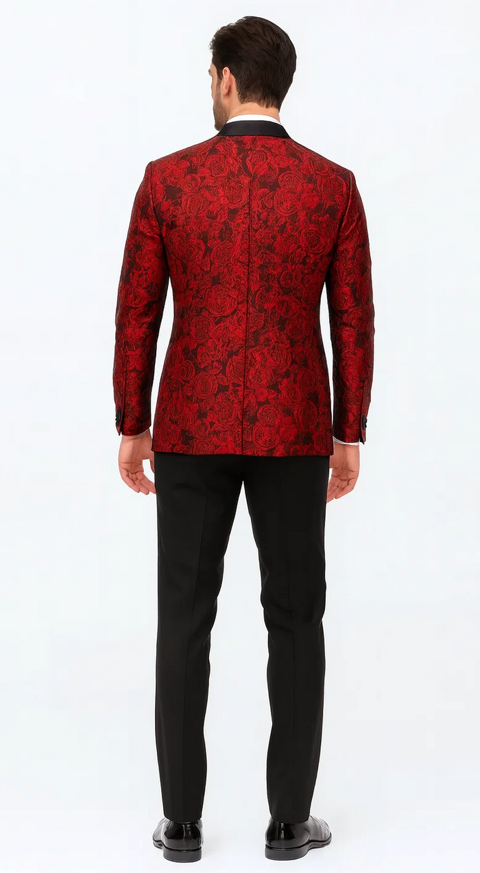 Red Floral Tuxedo with Shawl Lapel – 4 Piece Slim Fit Set