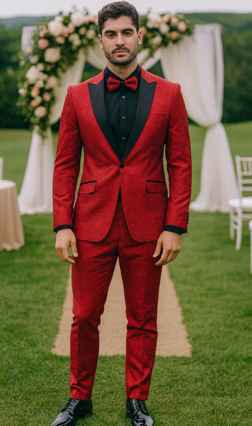 Red Paisley Slim Fit Tuxedo 3-Piece Set – Wedding & Prom
