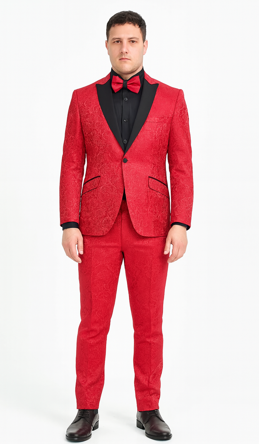 Red Paisley Slim Fit Tuxedo 3-Piece Set – Wedding & Prom