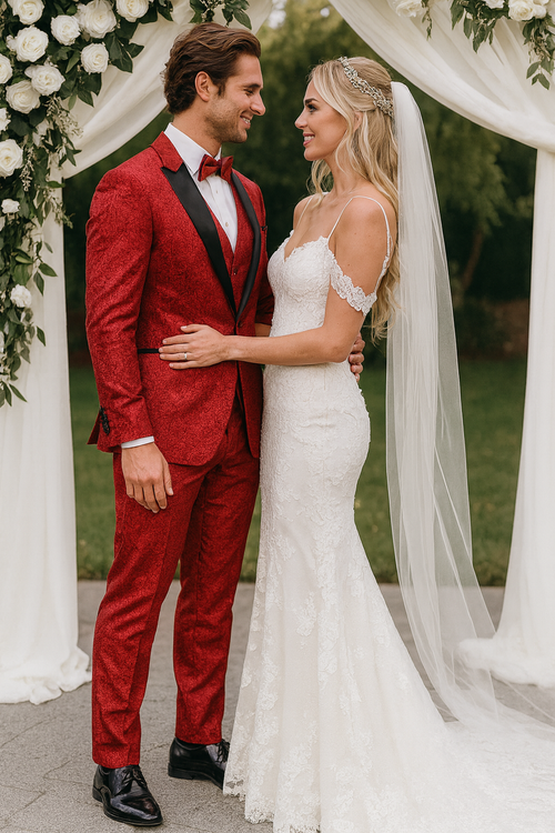 Red Paisley Slim Fit Tuxedo 3-Piece Set – Wedding & Prom