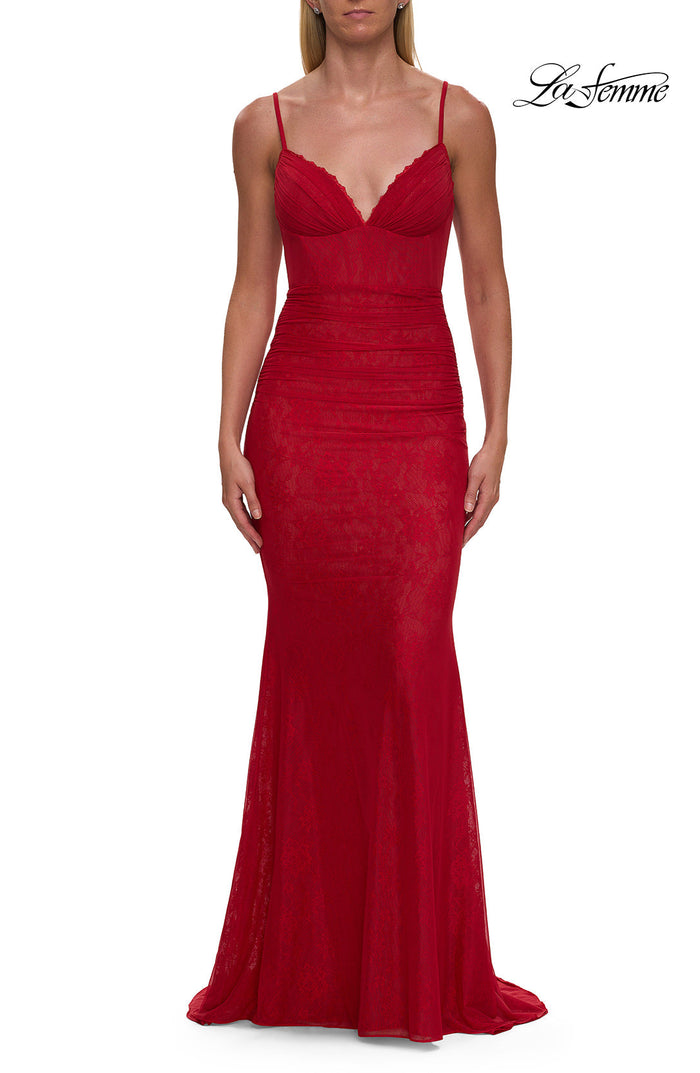 La Femme 33443 Fitted Lace Spaghetti Strap Gown