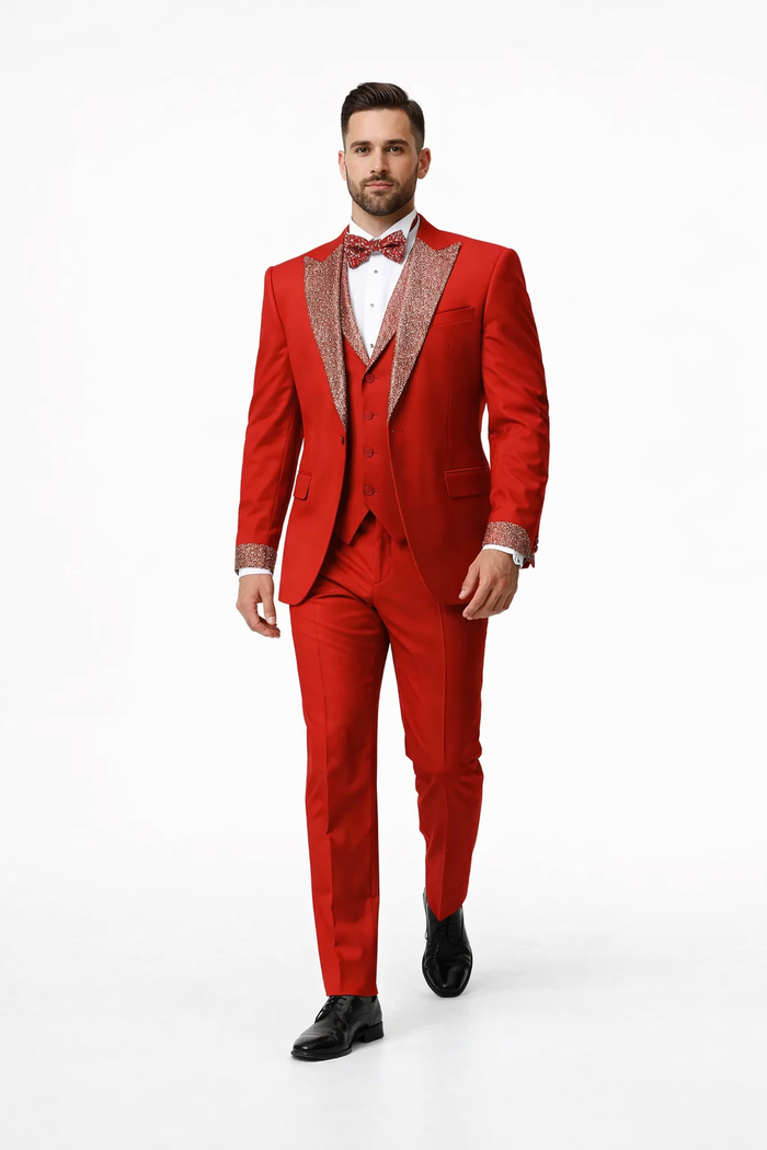 Red Prom Tuxedo - Perfect Wedding Suit Vested Rhinestone Lapelled by USA Men's Outlet