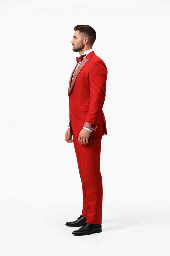 Red Prom Tuxedo - Perfect Wedding Suit Vested Rhinestone Lapelled by USA Men's Outlet