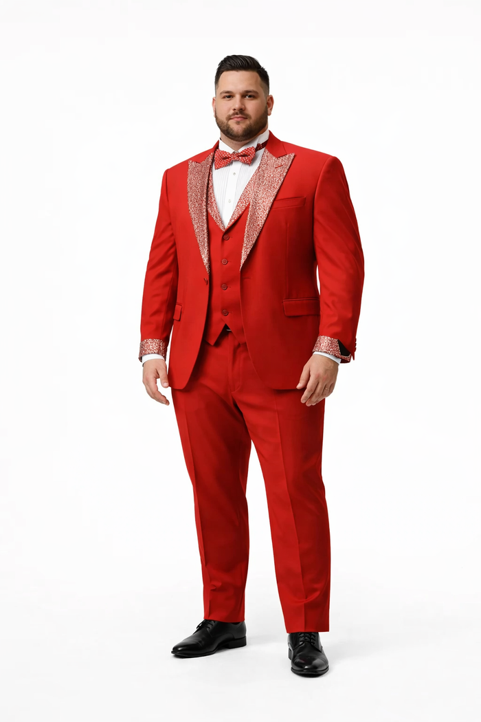 Red Prom Tuxedo - Perfect Wedding Suit Vested Rhinestone Lapelled by USA Men's Outlet