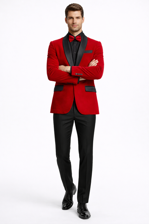 Red  Prom Tuxedo Suit - Red Wedding Suit - Men's Slim Fit Shawl Lapel Velvet Wedding & Prom Tuxedo Jacket