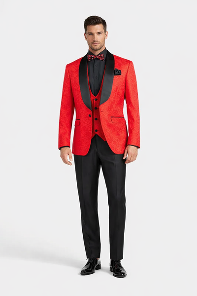 Red  Prom Tuxedo Suit - Red Wedding Suit - Men's Slim Fit Vested Paisley Wedding Tuxedo