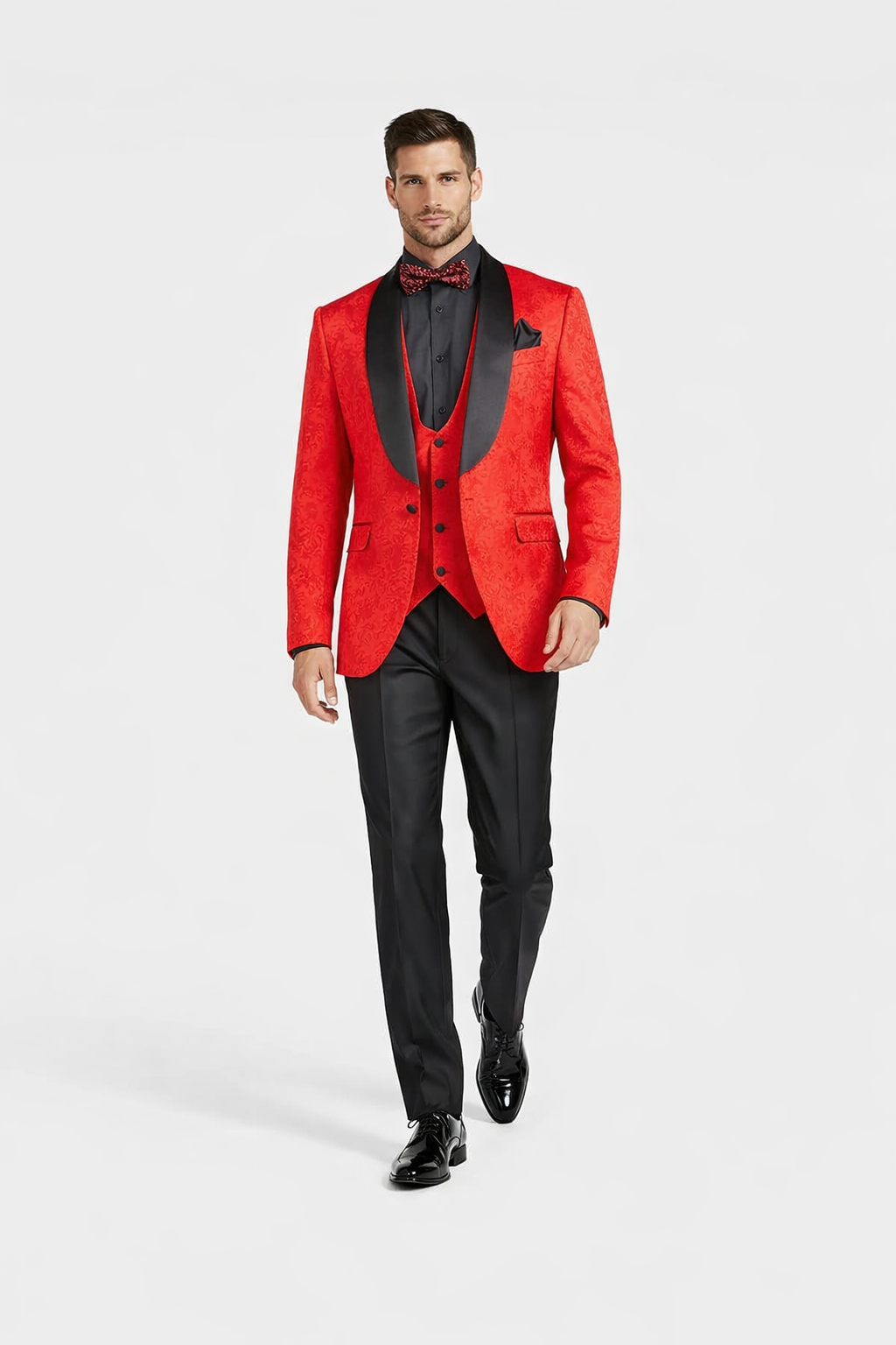 Red  Prom Tuxedo Suit - Red Wedding Suit - Men's Slim Fit Vested Paisley Wedding Tuxedo