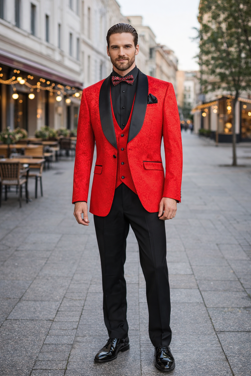 Red  Prom Tuxedo Suit - Red Wedding Suit - Men's Slim Fit Vested Paisley Wedding Tuxedo