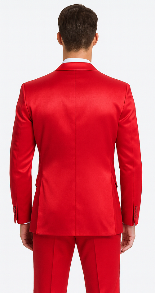 Red Satin Slim Fit 3 Piece Tazzio Men's Suit with Peak Lapel – Modern Design