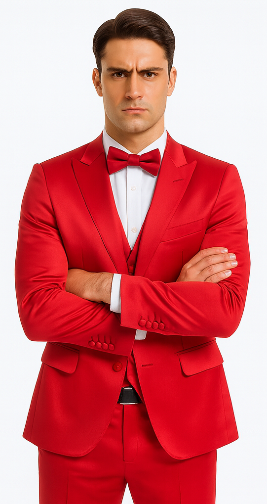 Red Satin Slim Fit 3 Piece Tazzio Men's Suit with Peak Lapel – Modern Design
