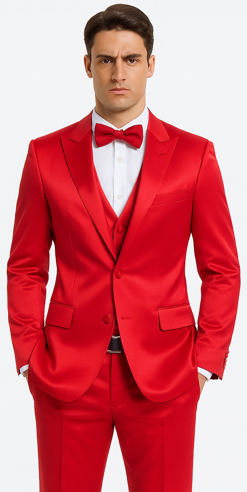 Red Satin Slim Fit 3 Piece Tazzio Men's Suit with Peak Lapel – Modern Design