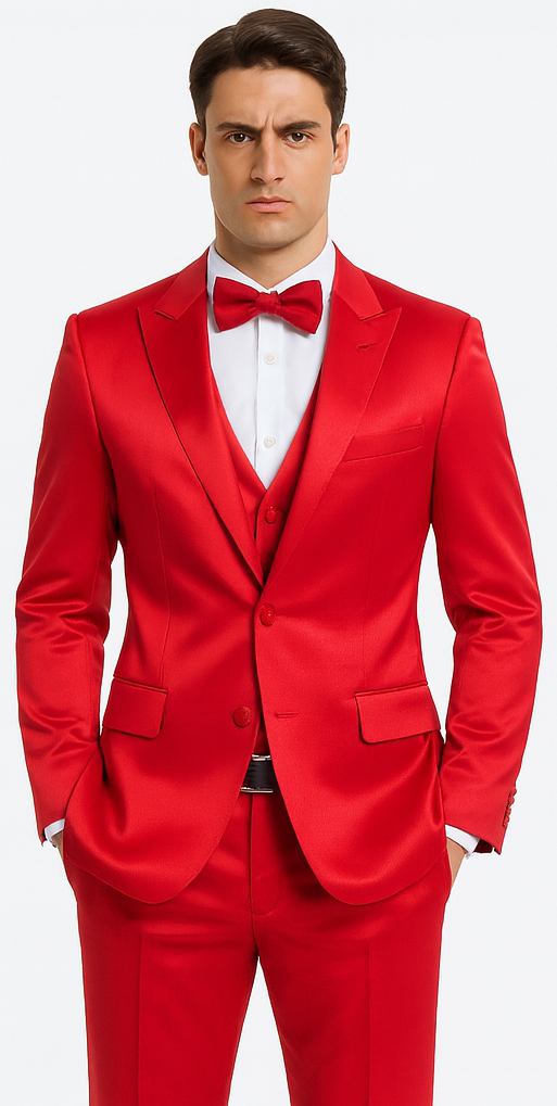 Red Satin Slim Fit 3 Piece Tazzio Men's Suit with Peak Lapel – Modern Design