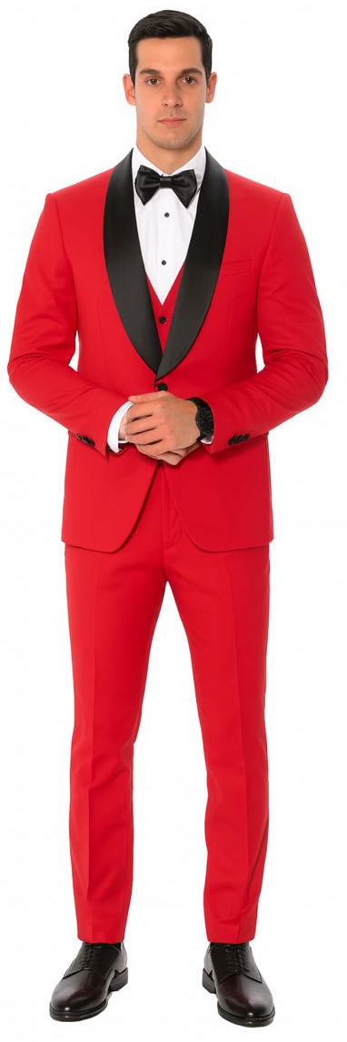 Red Slim Fit Tuxedo with Large Black Shawl Lapel – 3 Piece Wedding & Prom Set