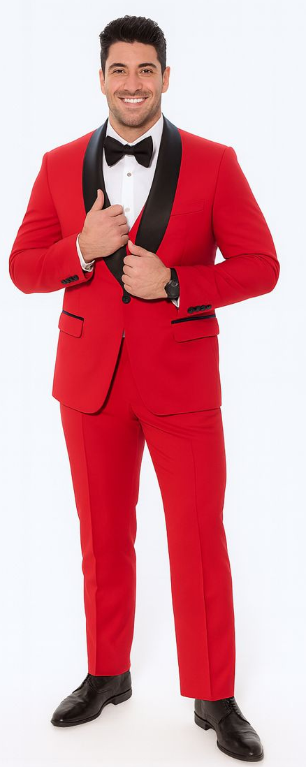 Red Slim Fit Tuxedo with Large Black Shawl Lapel – 3 Piece Wedding & Prom Set