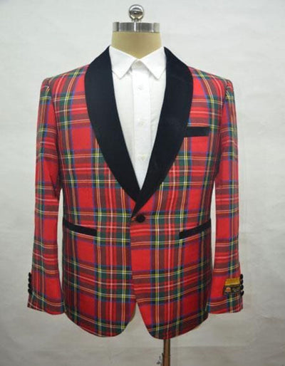 Big and Tall Plaid Sport Coat - Windowpane Checkered Scottish Patterns Party Blazer in Color Red Tartan by Menssuitsatlantain