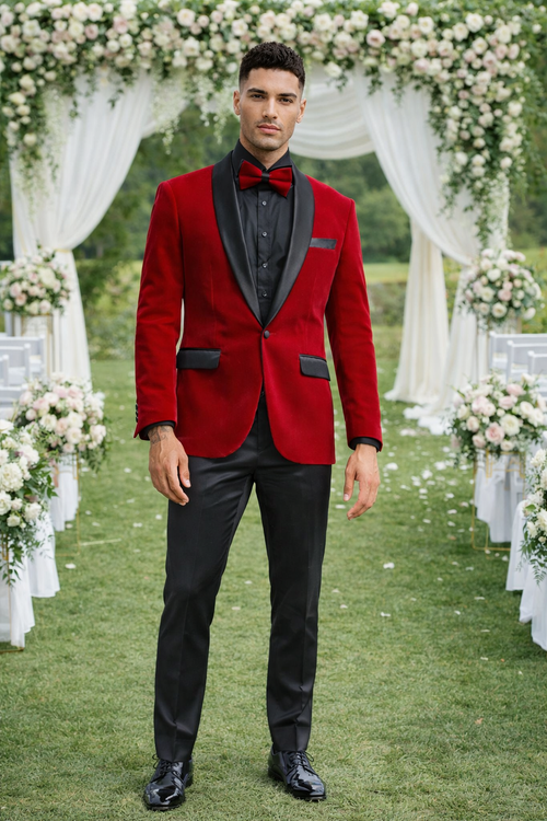 Red Velvet Tuxedo Jacket with Shawl Lapel – Slim Fit