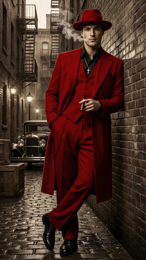 Men’s 1920s Red Zoot Suit – Long Mafia Gangster Three-Piece Vintage Outfit Zuit Pachuco Style