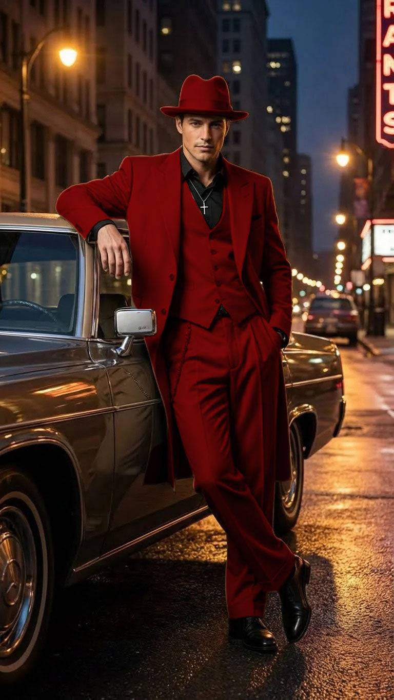 Men’s 1920s Red Zoot Suit – Long Mafia Gangster Three-Piece Vintage Outfit Zuit Pachuco Style