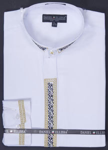 Refined Product Title: Daniel Ellissa Men's White Banded Collar Dress Shirt with Gold Embroidery