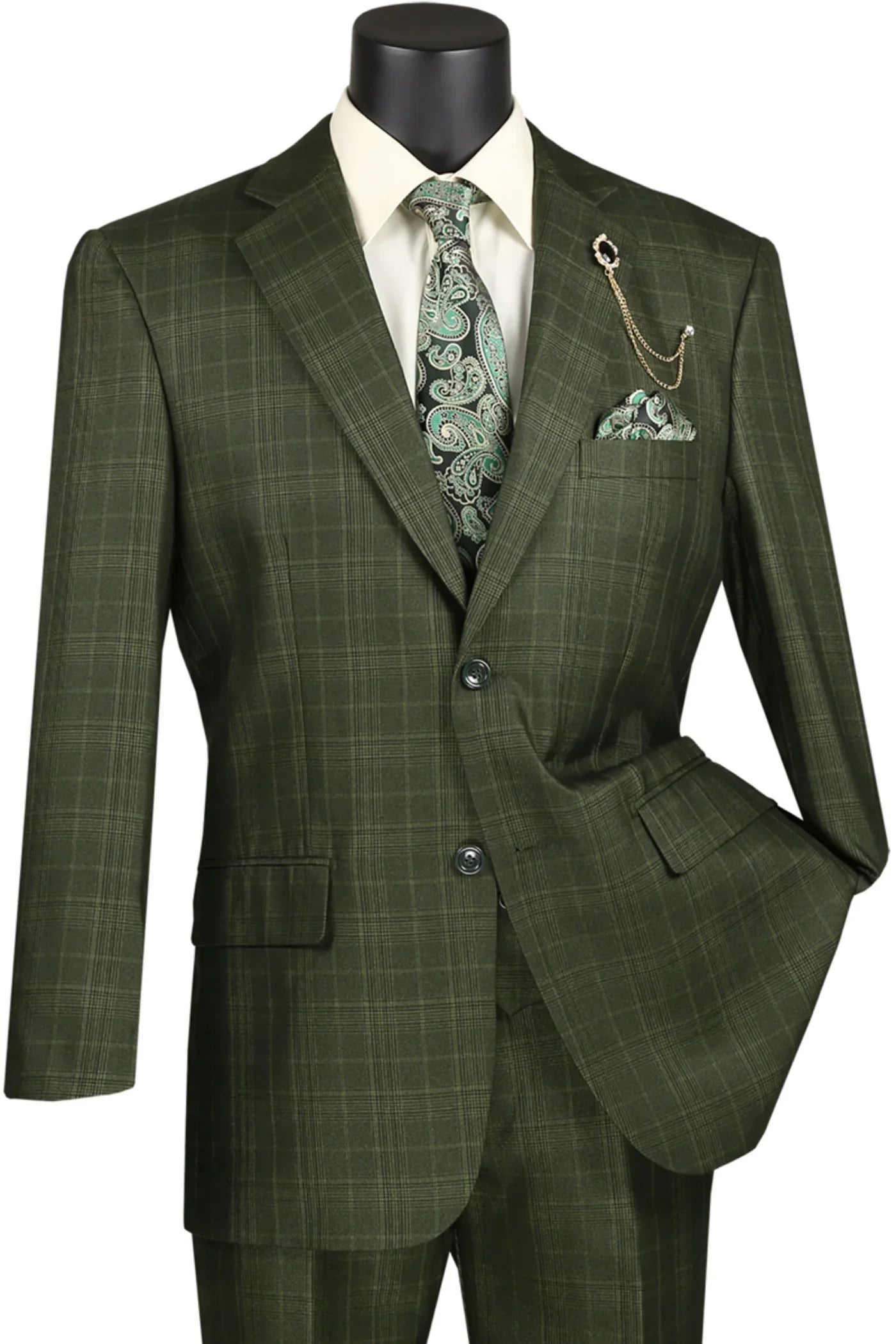 Regular Fit Olive Green Glen Plaid Three-Piece Suit – SuitUSA