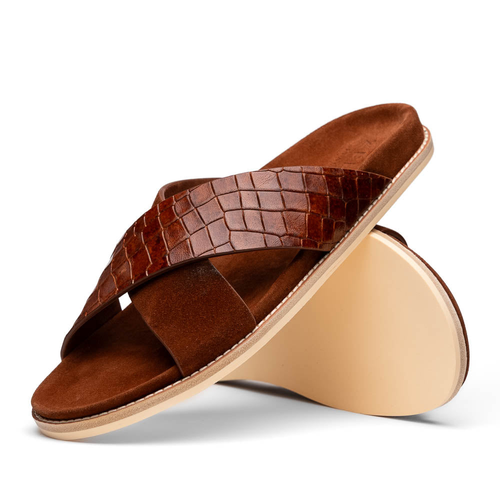 Zelli Rena Sueded Goatskin & Embossed Crocodile Slide in Cognac