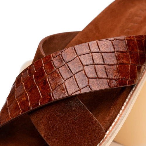 Zelli Rena Sueded Goatskin & Embossed Crocodile Slide in Cognac