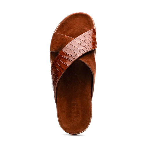Zelli Rena Sueded Goatskin & Embossed Crocodile Slide in Cognac