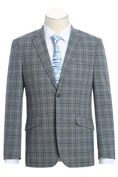 Renoir Men's Grey Windowpane Plaid 2-Btn Slim Fit Stretch Suit - Elegant Mensattire