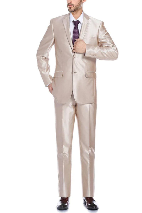 "Renoir Men's Slim Suit w/ Optional Vest: Shining Champagne Tan Sharkskin" - Elegant Mensattire