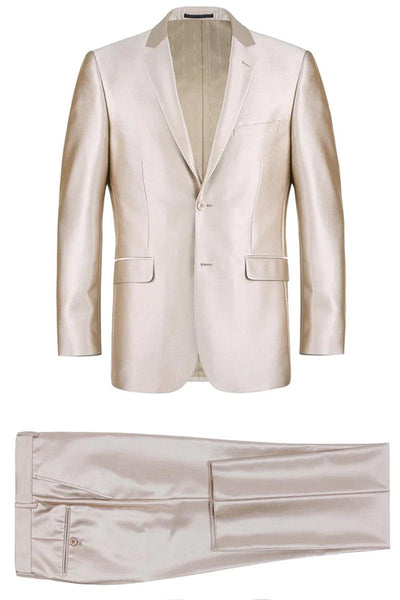 "Renoir Men's Slim Suit w/ Optional Vest: Shining Champagne Tan Sharkskin" - Elegant Mensattire