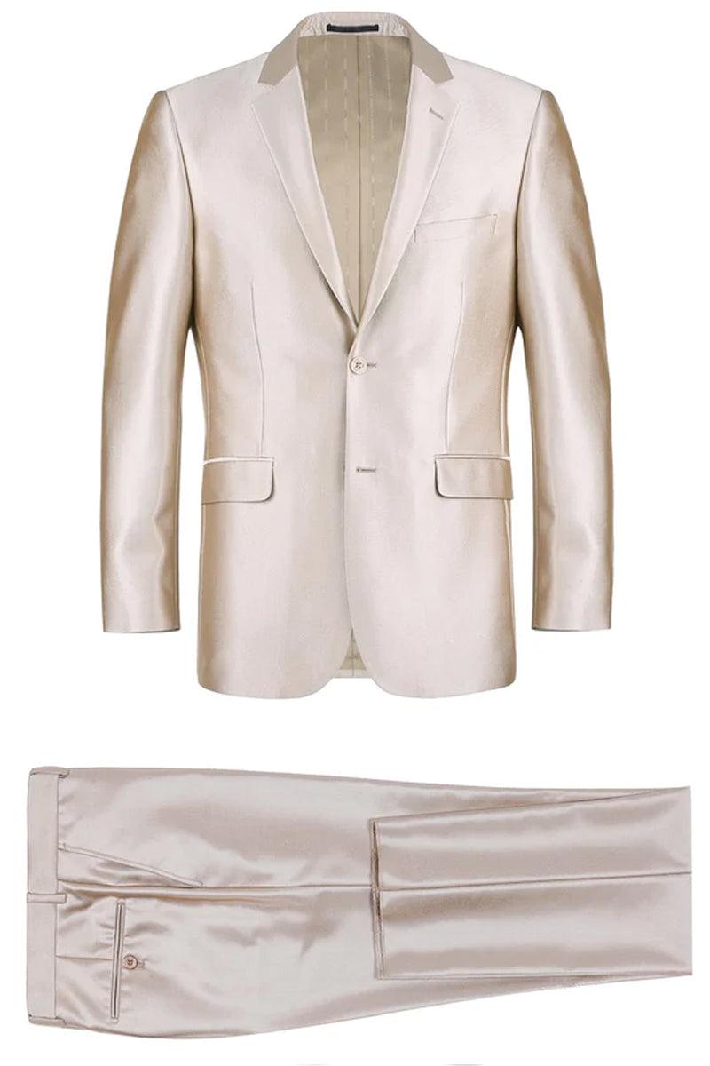 "Renoir Men's Slim Suit w/ Optional Vest: Shining Champagne Tan Sharkskin" - Elegant Mensattire