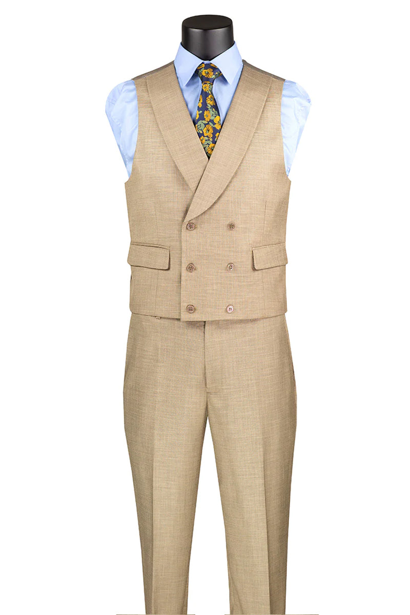 Men’s Summer Sharkskin Suit with Double Breasted Vest in Tan