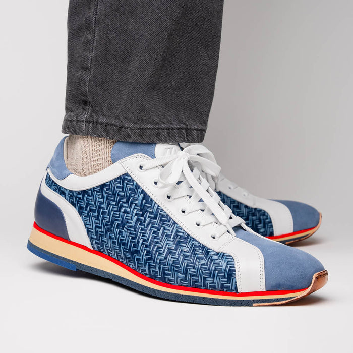 Zelli Ripi Hand Woven Sueded Calfskin Luxury Sneakers in Blue