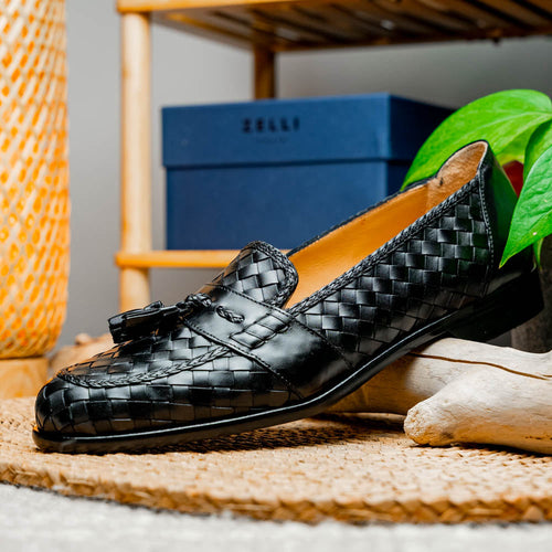 Zelli Riviera Woven Calfskin Tassel Loafers in Black
