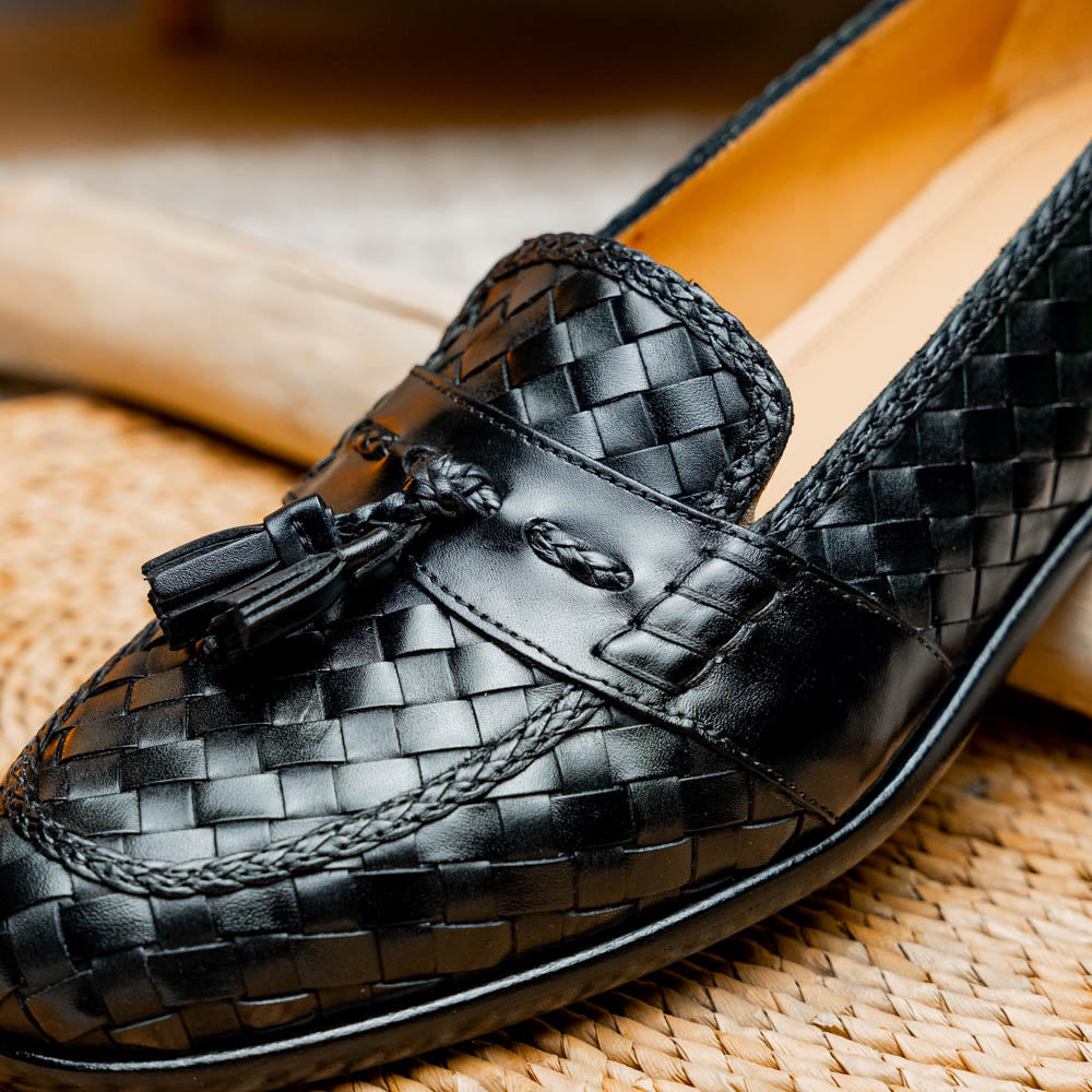 Zelli Riviera Woven Calfskin Tassel Loafers in Black