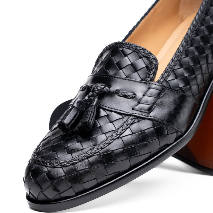 Zelli Riviera Woven Calfskin Tassel Loafers in Black