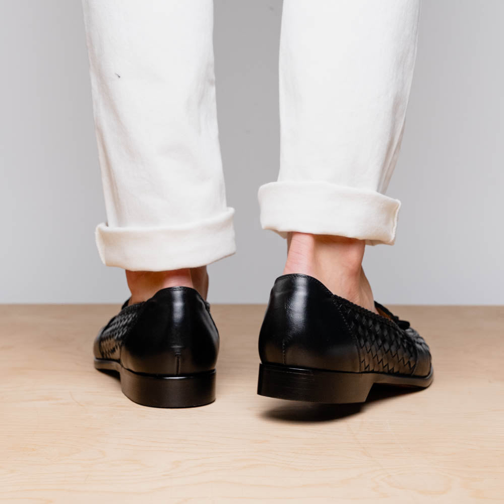 Zelli Riviera Woven Calfskin Tassel Loafers in Black