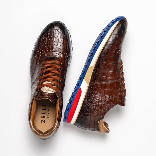 Zelli Rocco Hand-Burnished Embossed Crocodile Sneakers in Brown
