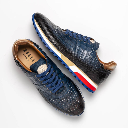 Zelli Rocco Hand-Burnished Crocodile Embossed Sneakers in Navy