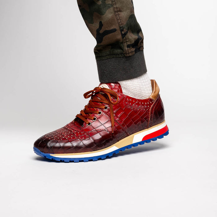 Zelli Rocco Hand-Burnished Embossed Crocodile Sneakers in Red