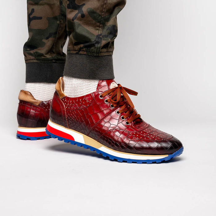 Zelli Rocco Hand-Burnished Embossed Crocodile Sneakers in Red