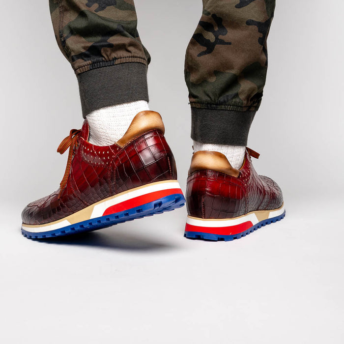 Zelli Rocco Hand-Burnished Embossed Crocodile Sneakers in Red