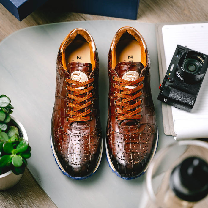 Zelli Rocco Hand-Burnished Embossed Crocodile Sneakers in Brown
