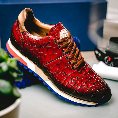 Zelli Rocco Hand-Burnished Embossed Crocodile Sneakers in Red